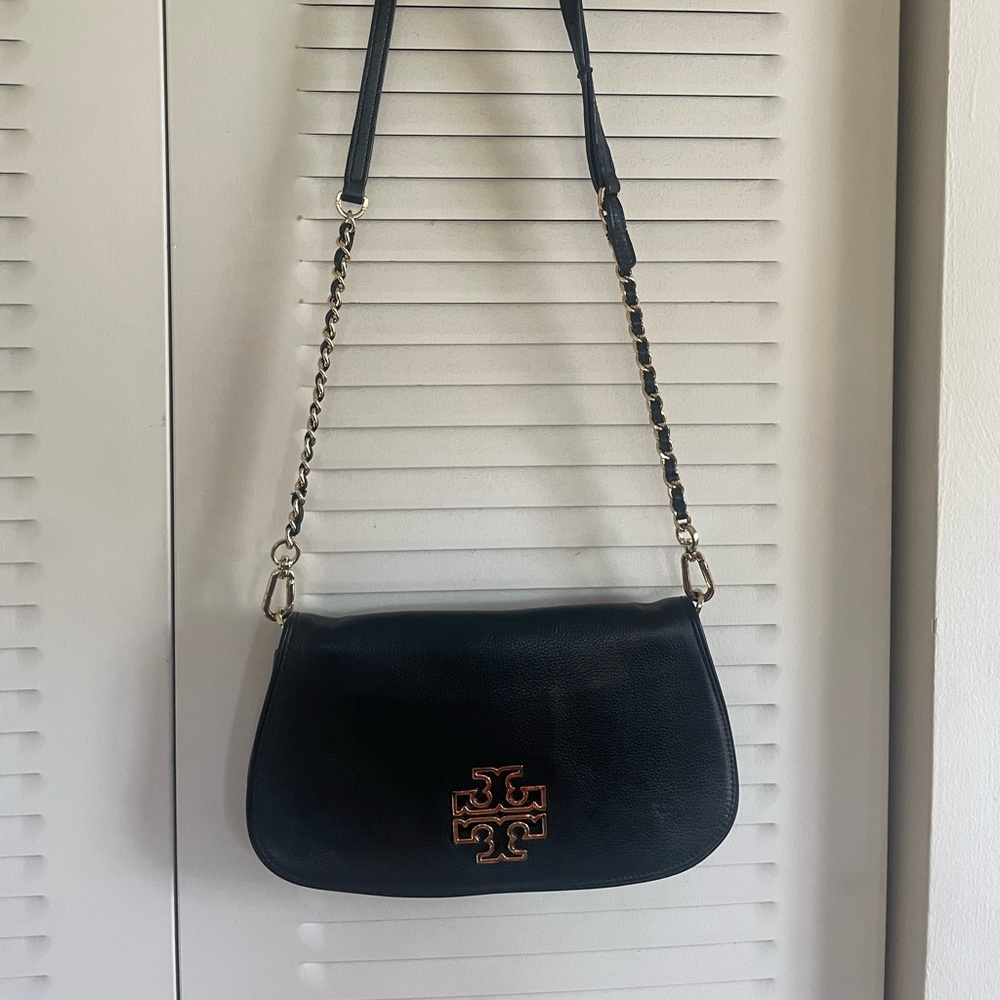Tory Burch Black Crossbody Bag with Gold Details; Tiny indents on strap.